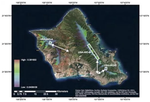 The island of O'ahu, Hawaii, showing regions for potential IPHRO applications highlighted in white with distance to nearest major city indicated by arrows. (Source: UH Manoa.)