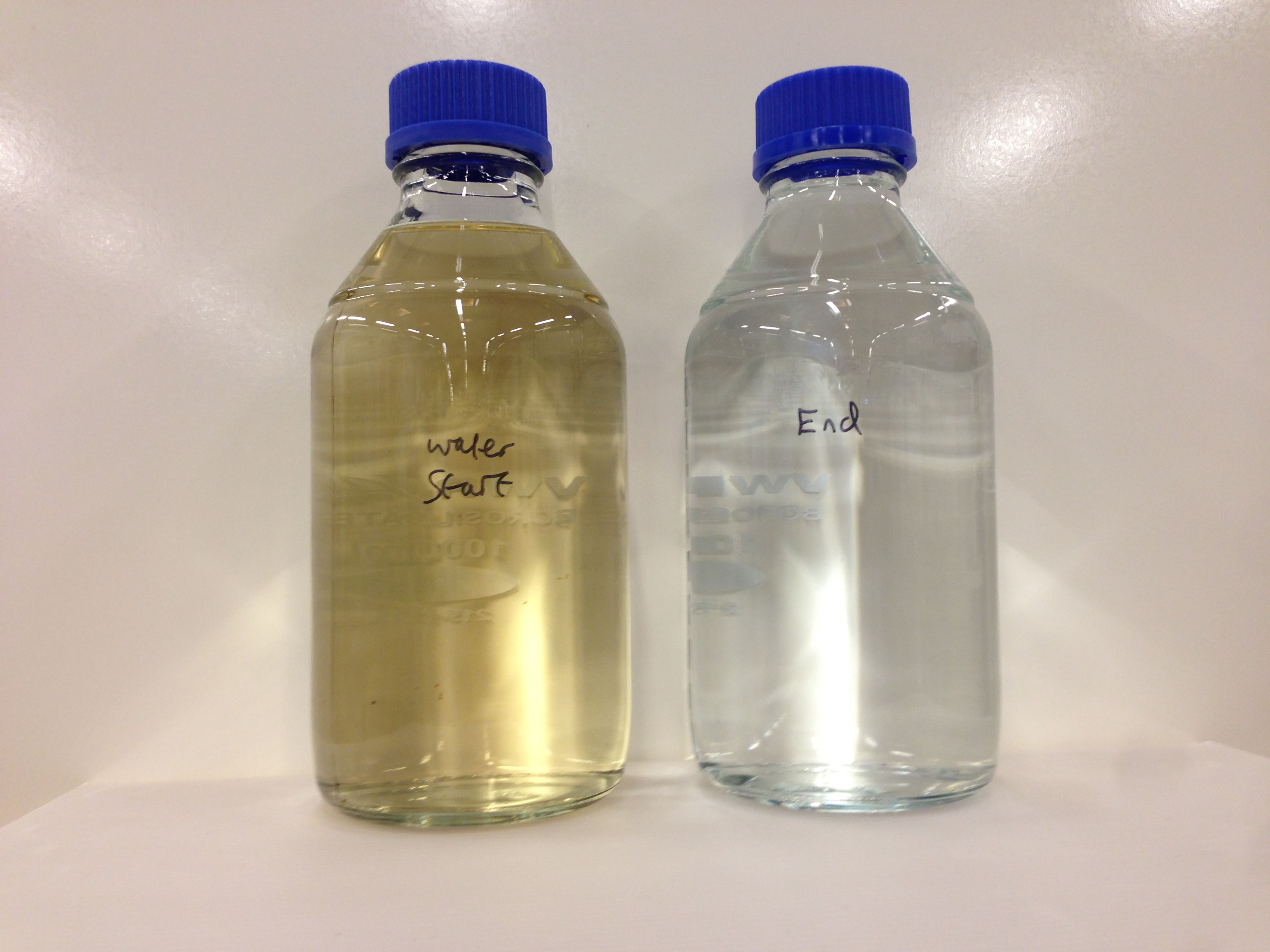 Water samples from before and after treatment on the laboratory-scale Nyex system.