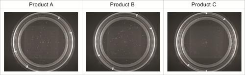 Figure 3: Replicate plates stained after three days showing Dekkera bruxenlensis in Products A, B and C.