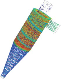 Figure 3: Sample results of a gas-solid cyclone separator. Images illustrate particle trajectories, colored with particle diameter, indicating the path and the separation of particles of different diameter.