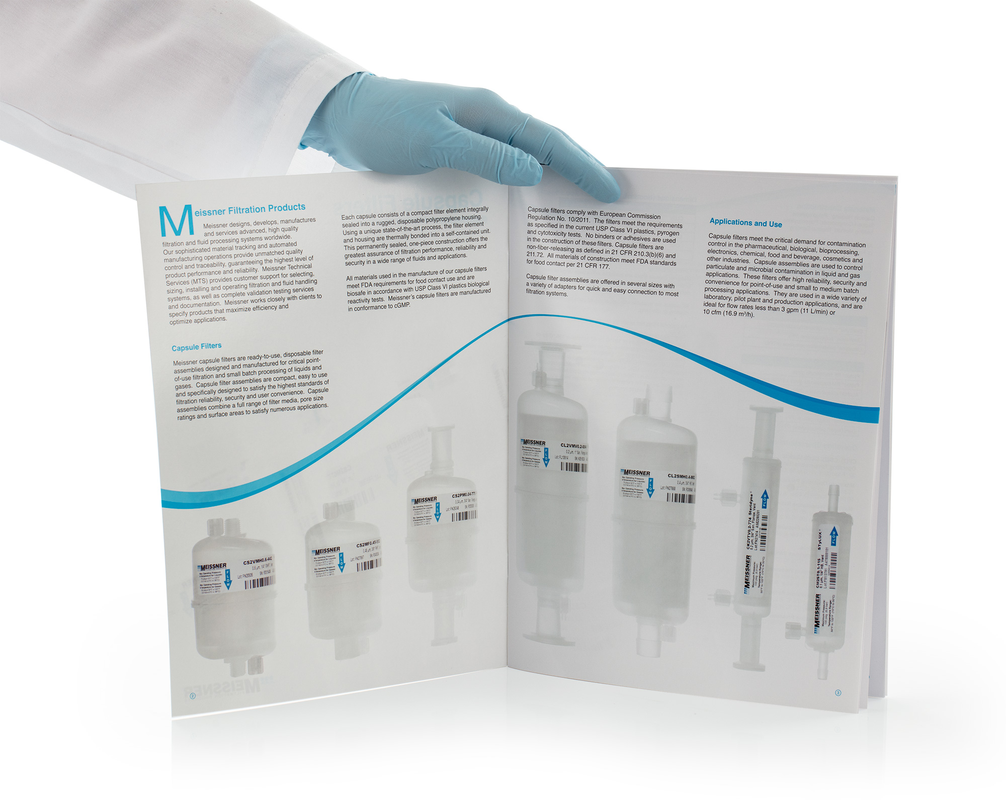 The brochure highlights advantages of each capsule filter and lists typical manufacturing applications.