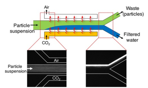 Researchers at Princeton University have found a way to clean particles from water by injecting carbon dioxide into a water channel. (Graphic courtesy of Princeton University.)