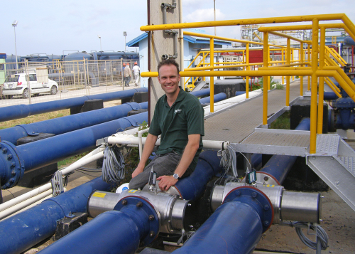 Berson’s customer service manager Danny van Kuringen with some of the Berson InLine UV disinfection systems at Aruba’s Balashi water treatment plant