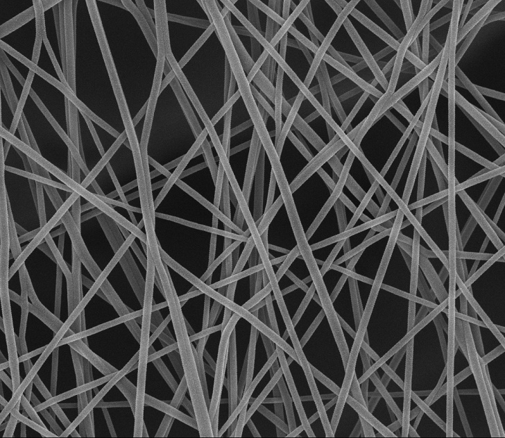 Scanning electron microscope (SEM) image of nanofibers at 20,000x magnification (mean fiber diameter is 150nm).