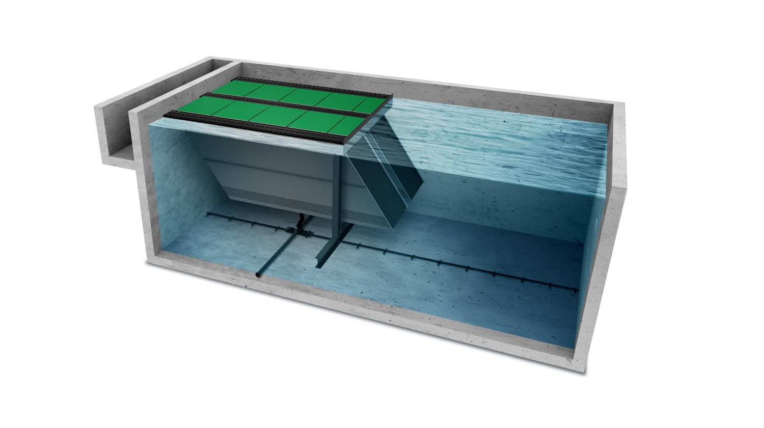 The lamella sheets are installed at an inclined 55° angle to expand the clarification surface area.