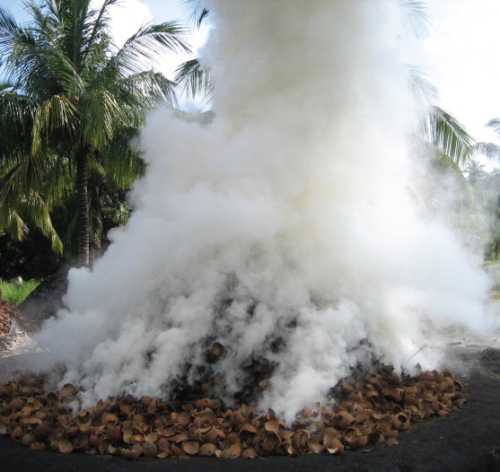 Traditional pit charcoaling of coconut shells is not good for the environment.