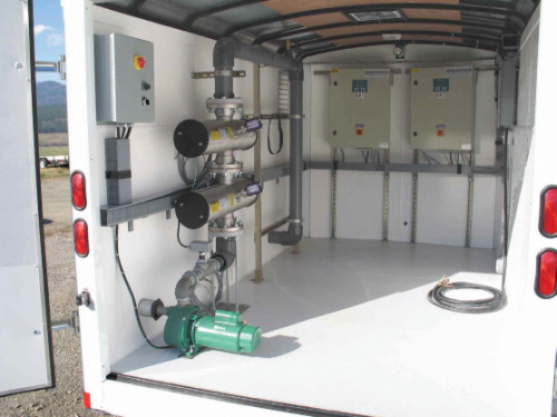 The interior of the mobile disinfection unit on site showing the two Aquionics closed vessel UV disinfection systems.