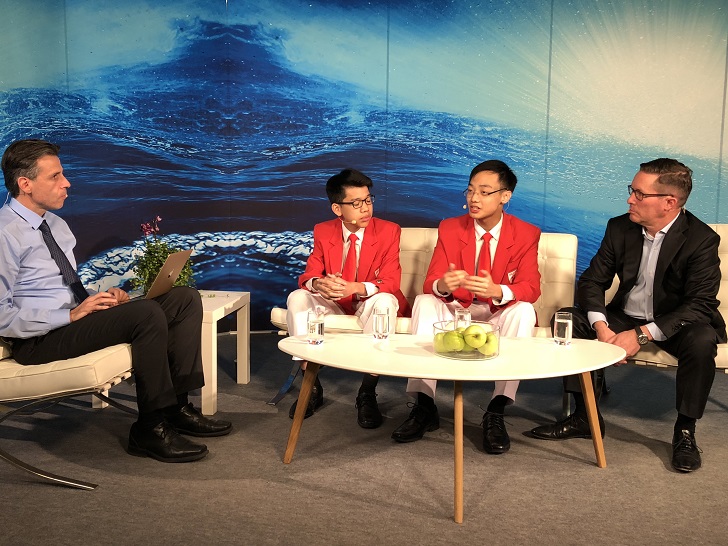 Caption: Eric Paglia (left), Stockholm International Water Institute, interviewing the Stockholm Junior Water Prize winners and Patrick Decker, president and CEO of Xylem Inc.