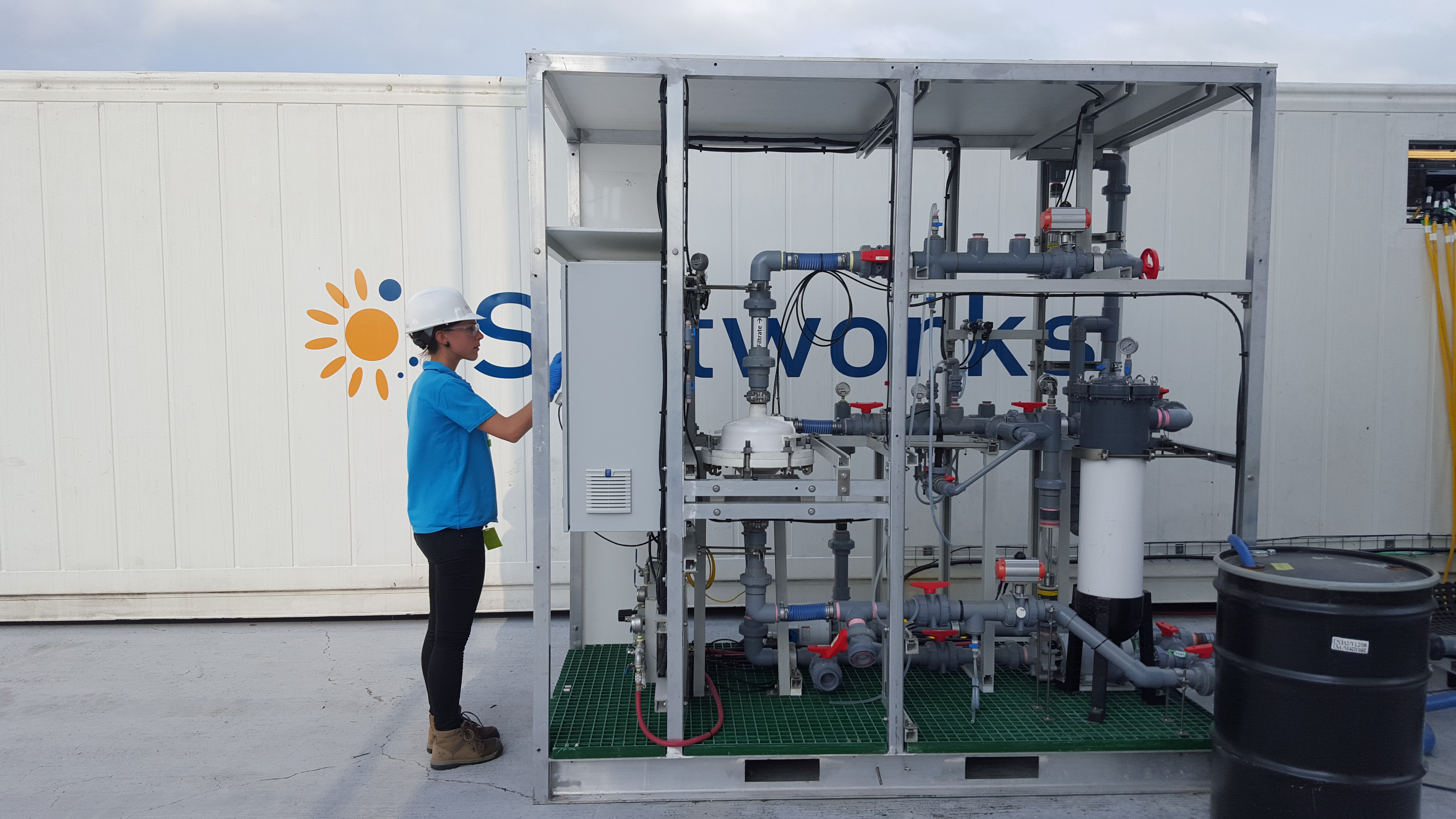 A Saltworks engineer working on a Flex EDR Pilot Pre-Treatment Skid.