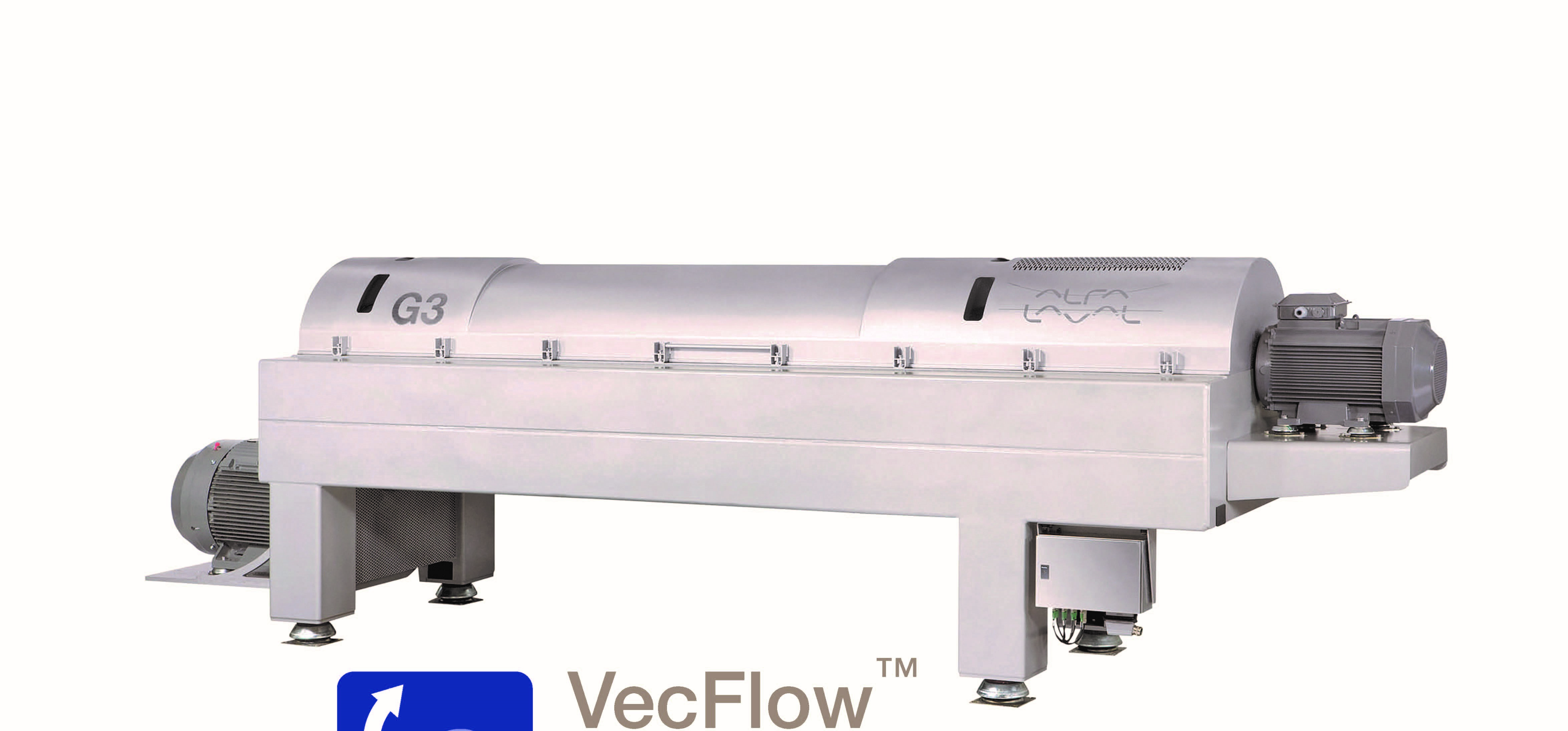 Alfa Laval’s ALDEC G3 VecFlow decanter centrifuge for sludge dewatering and thickening features the company’s VecFlow feed zone.