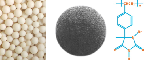 Figure 1. Porous polystyrene beads are derived by in situ synthesis of heterocyclic rings on each styrene unit that can be charged with halogen atoms (at X1, X2) to create N-halamines.