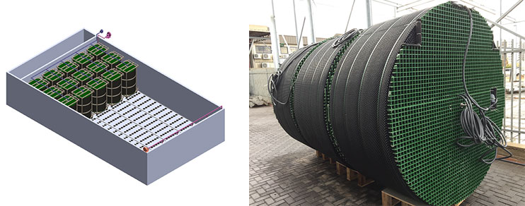 Fluence's first SUBRE unit (left), manufactured in December 2016, and the design of SUBRE units installed in an existing aeration basin (right).