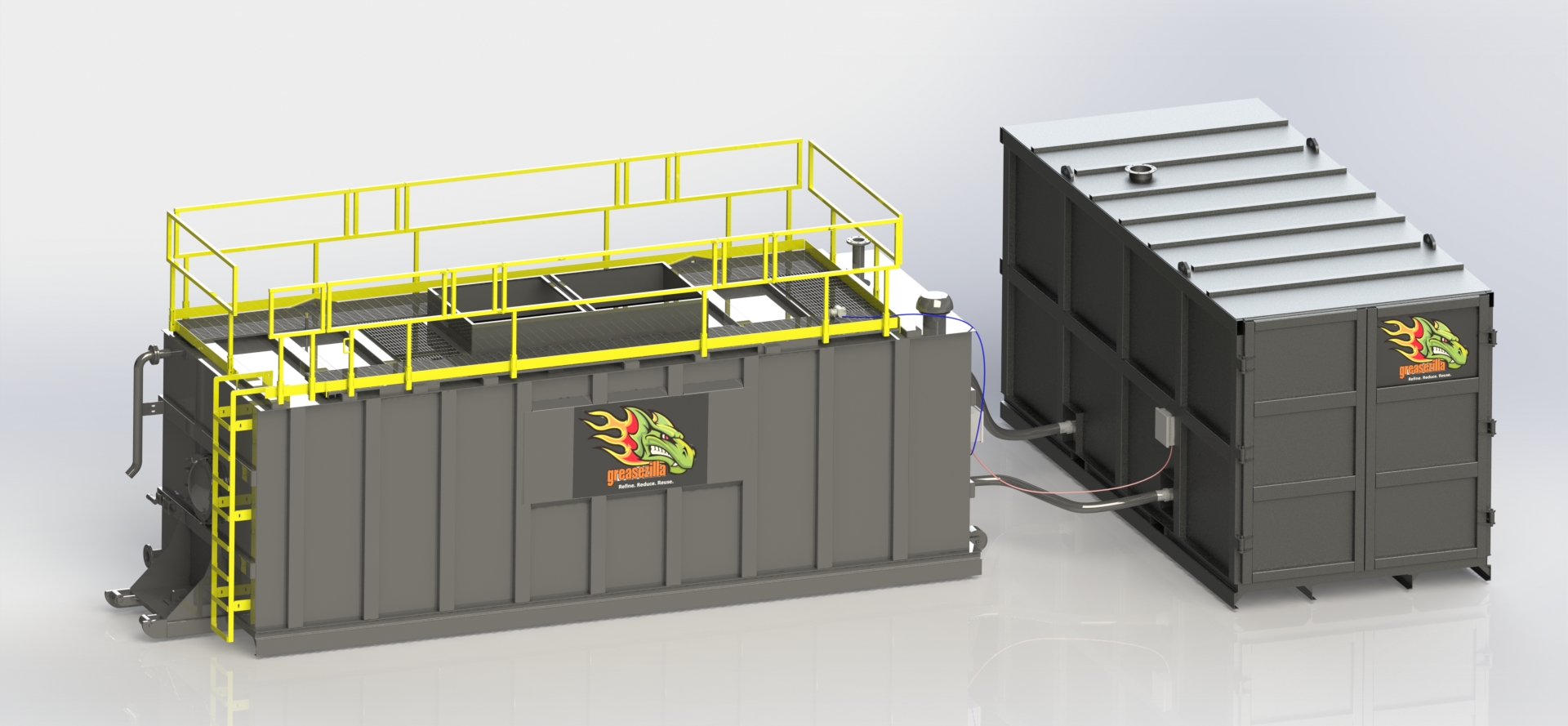 Designed for both interior and exterior placement, the modular Greasezilla FOG separation system is scalable in 10,000-gallon processing modules.