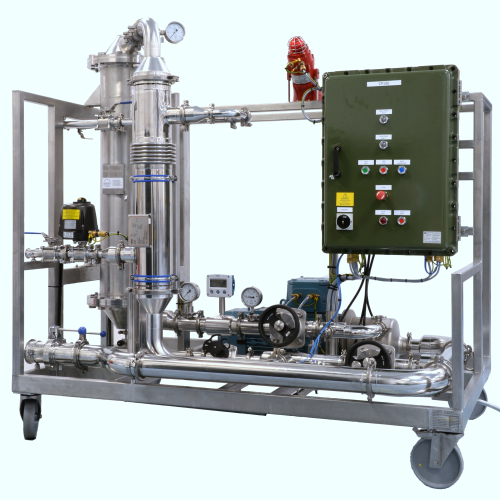 The system is manually operated for batch operations with safety cut outs for level and temperature.