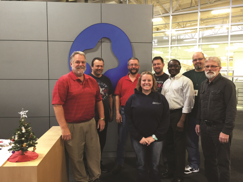 Minnesota Rubber and Plastics Torlon team in River Falls, Wisconsin. Pictured from left are: Tim Salisbury Project Engineer, Craig Helmer Sampling Tech, Mike Horning Quality Engineer, Chelsey Giesken Process Engineer, Dan Unser Sampling Tech, Harry Defor Process Engineer, Dan Dunn Automation Specialist and Larry Klimeck Tooling Design Engineer.