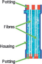 Figure 2. Diagrammatic axial section of a hollow fibre module.