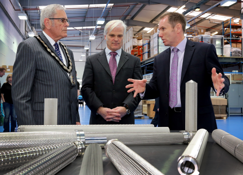 From left to right are Mayor David Hawkins, MP Desmond Swayne, and Porvair’s General Manager Mike Hughes.