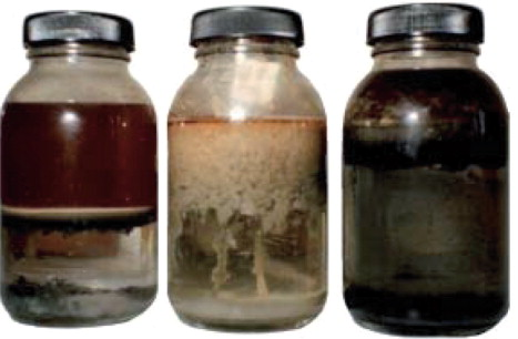 Figure 1: Mixtures of oil and water, containing dirt and bacterial growth.