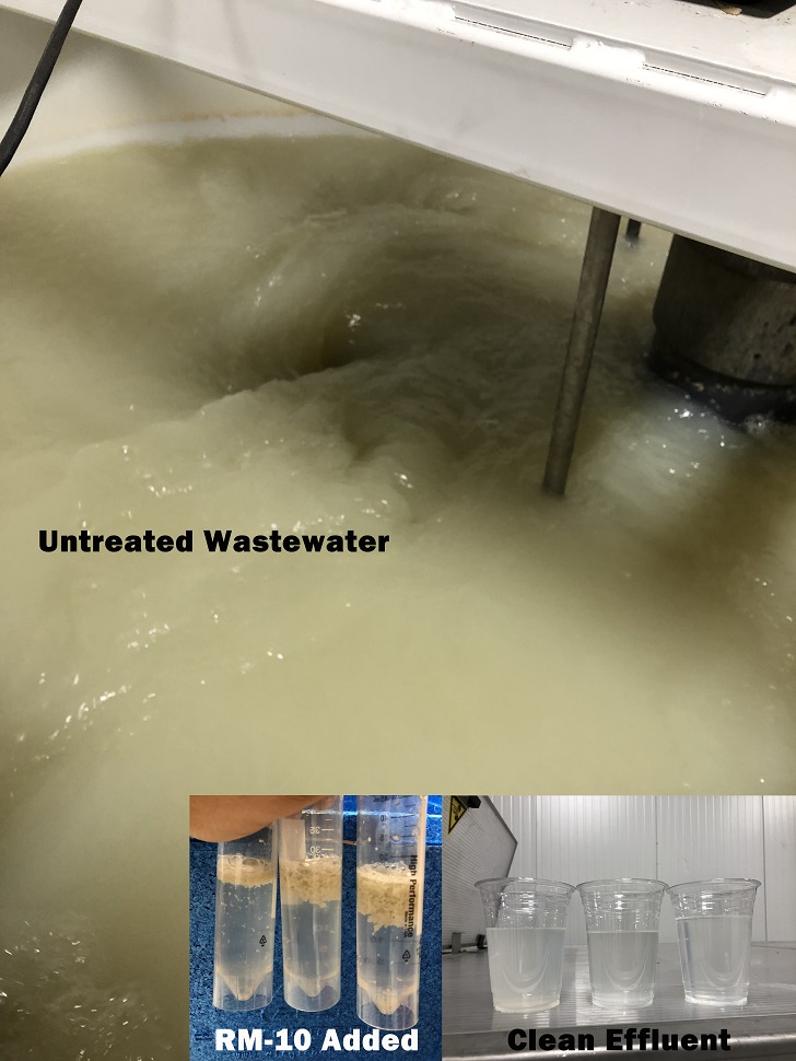 Adding RM-10 flocculants to untreated wastewater results in clean effluent.