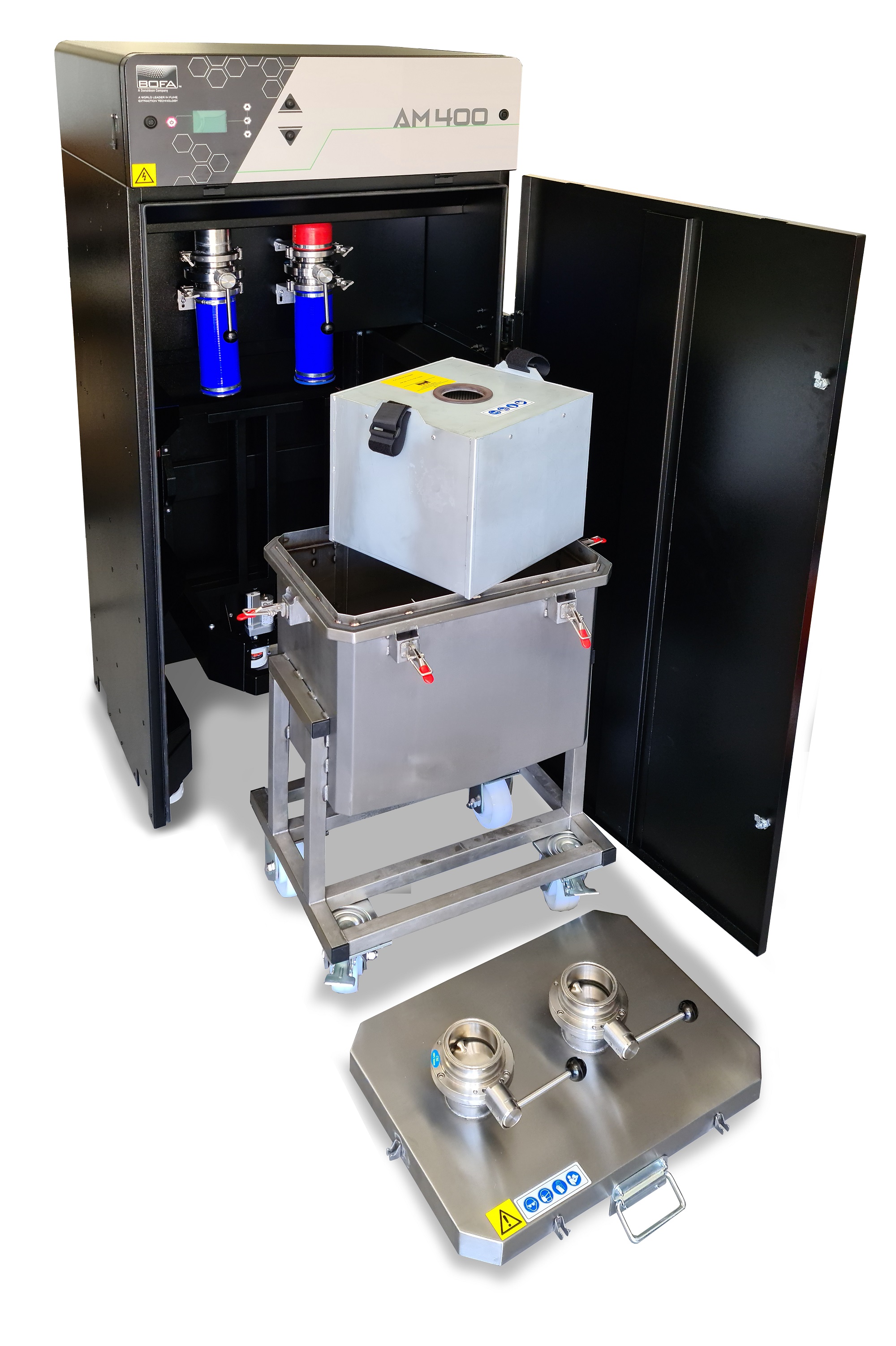 Filters are contained within a separate housing with a robust seal, enabling filter exchange to be completed quickly and safely without isolating the additive manufacturing equipment.