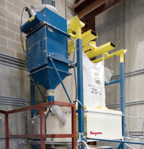 A Bag-Vac® dust collector, mounted on the bulk bag unloader frame, vacuums displaced air and dust, and collapses empty bags dust-free prior to tie-off and removal. The bulk bag is supported in a lifting frame.