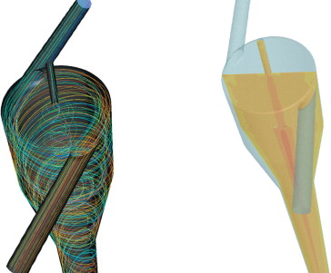 Figure 2: Sample simulation result; visualisation of two-phase flow in a hydrocyclone. Pathlines (left); oil-phase fraction distribution (right) showing higher concentration in central vortex exiting the cyclone.