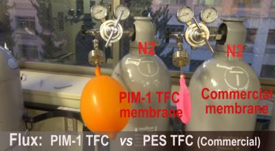 The orange balloon on the left illustrates this point as a higher volume of nitrogen gas is able to pass through PIM-1 into the balloon compared with the membrane on the right, connected to the pink balloon.