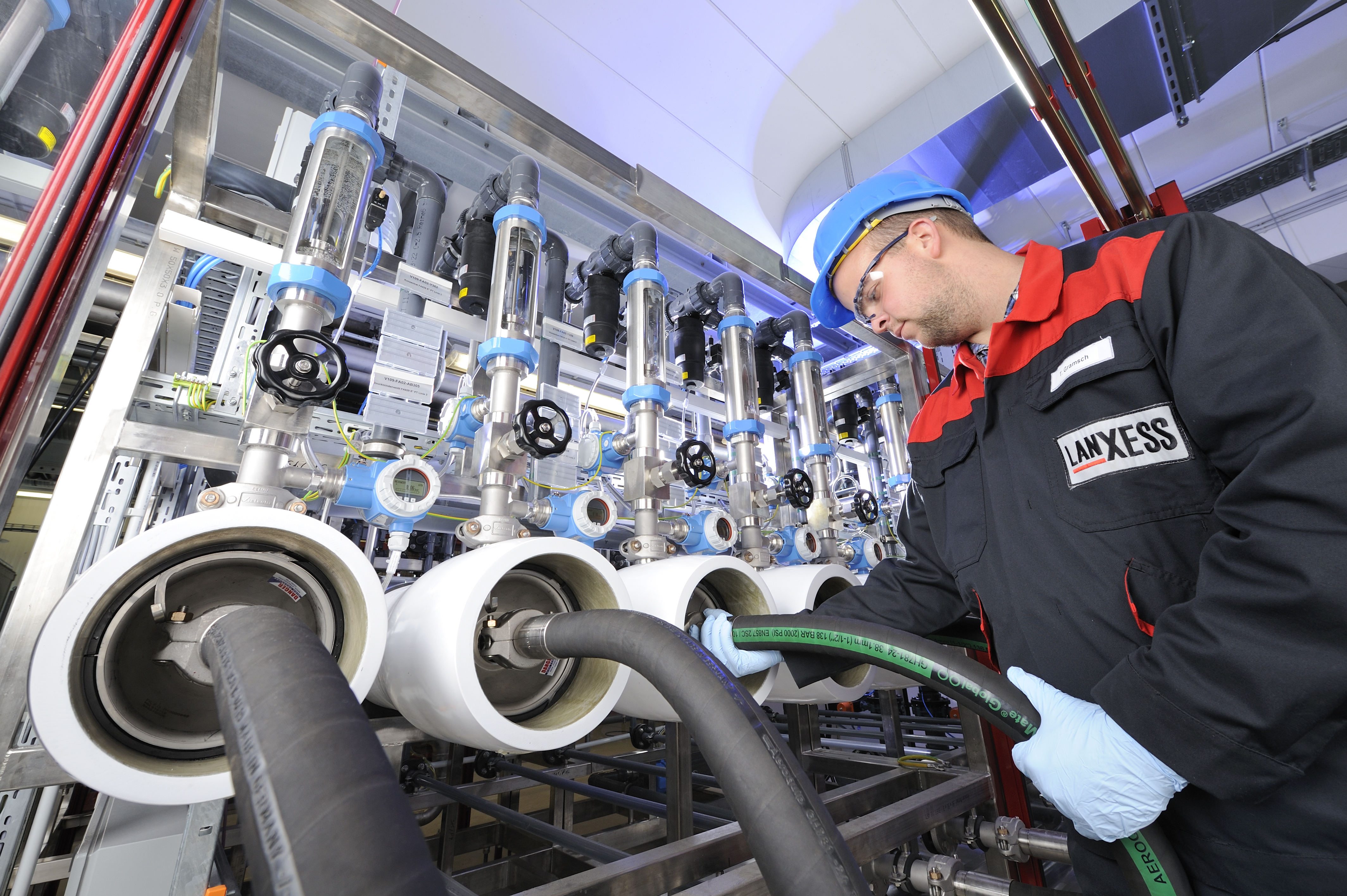 A Lewabrane product is checked in an element tester at the Lanxess site in Bitterfeld, Germany.