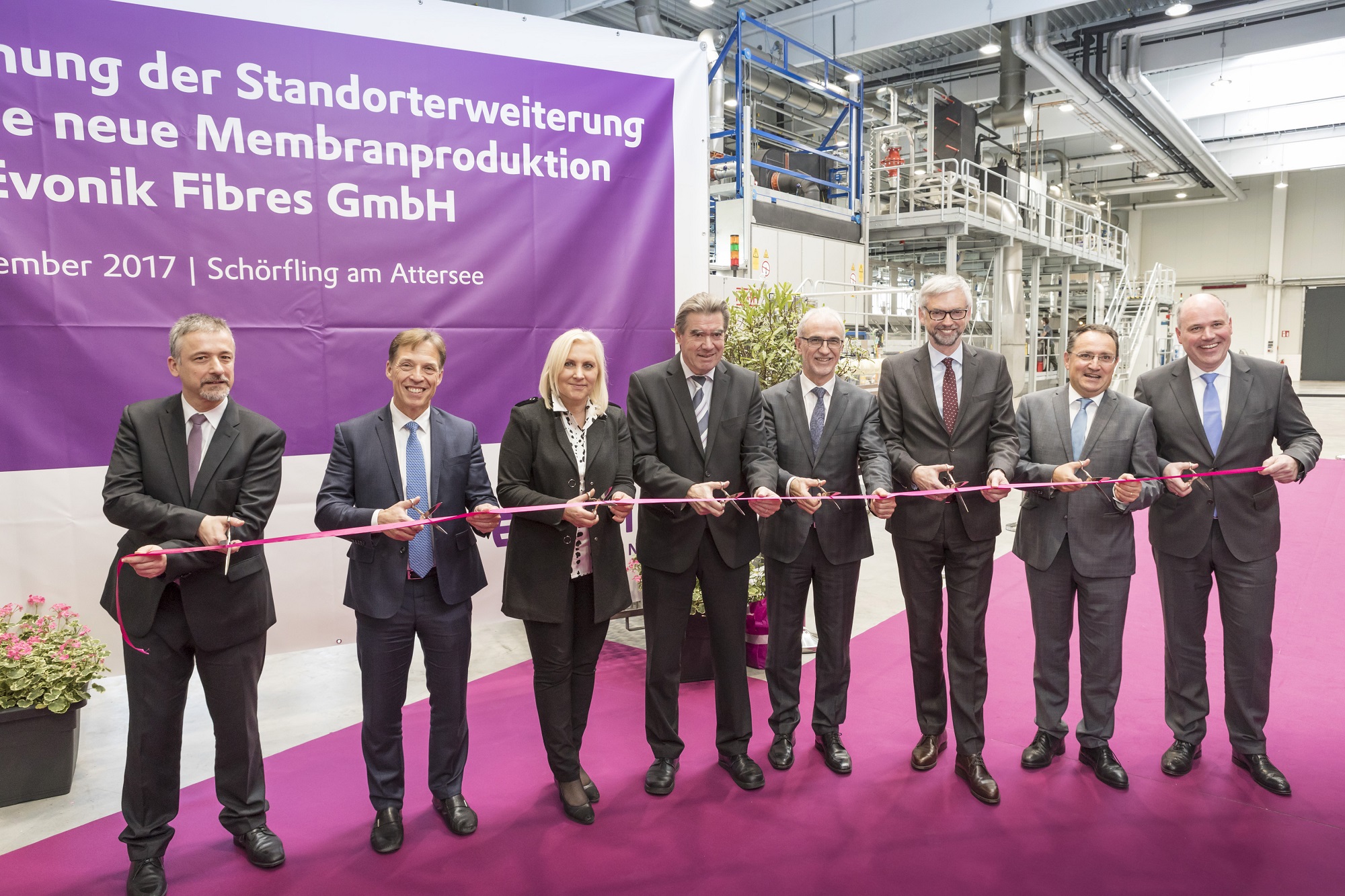 Cutting the ribbon at the opening of Evonik's new membrane plant in Schörfling, Austria.