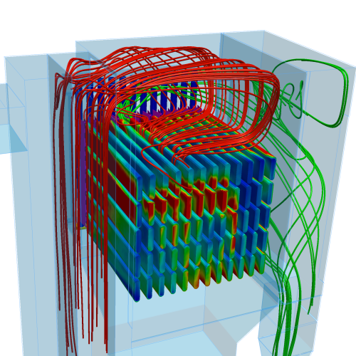 Simulation of gas flow and filter loading in a filter plant with filter bags.