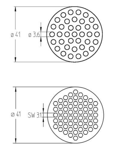 Figure 4: Comparison of a multi channel ceramic membrane element with an outer diameter of 41mm having 37 round channels with channel diameter of 3.6mm and a new element with 61 hexagonal channels having the same outer diameter of 41mm.