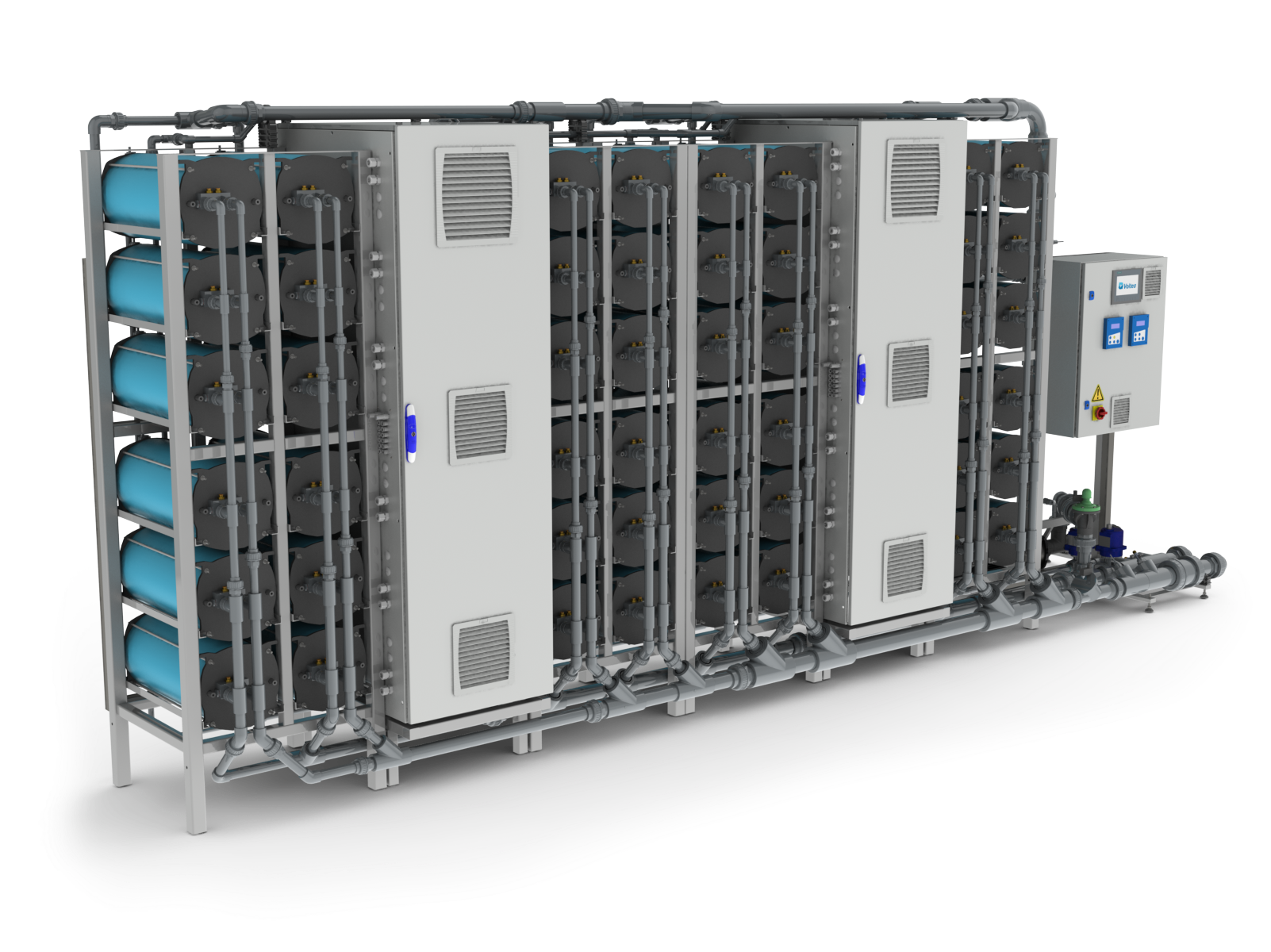 Figure 1. Voltea’s Industrial Series 48 (IS-48) CapDI© system. Five of these systems provide enough space to house 240 CapDI modules at the manufacturing facility in South Africa (photograph courtesy of Voltea Inc).