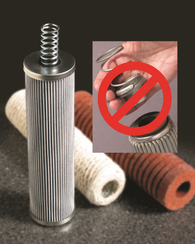 Swift Filters' filter elements incorporate an integral spring, replacing previous spring-and-cup designs that were prone to loss during maintenance.