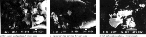 Figure 3: Electron microscope images of ferrous particles removed from real life hydraulic systems in the field. (Courtesy of Department of Science and Engineering at Liverpool John Moores University, Liverpool, UK)
a) High carbon steel particles, 1 micron scale
b) High carbon steel particles, 1 micron scale
c) High carbon steel particles, 10 micron scale