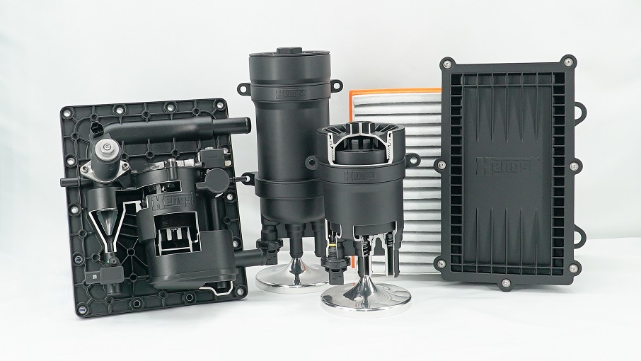 Filtration solutions for the fuel cell. From left: water separator, ion exchanger and cathode filter.