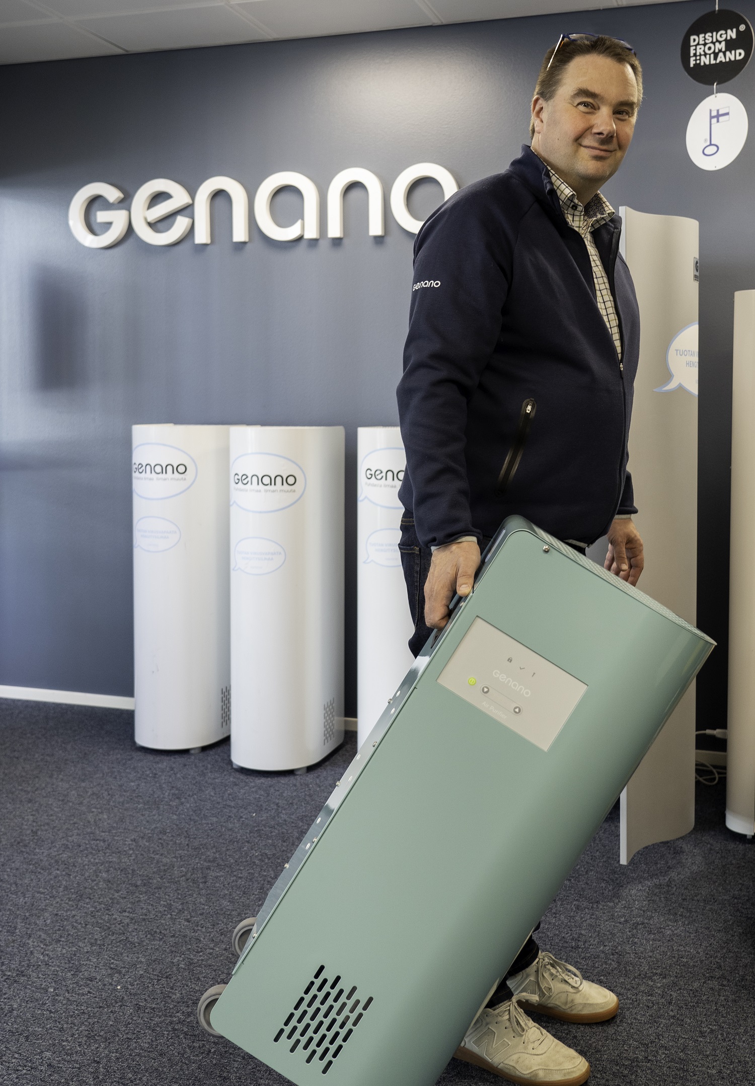 CEO Niklas Skogster, with the Genano 350 indoor air decontaminator which weighs only 17 kilos and has a small footprint.