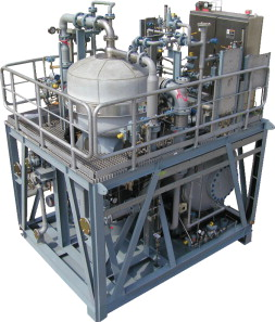 Disc stack centrifuge with nozzle bowl for crude oil or produced water separation.