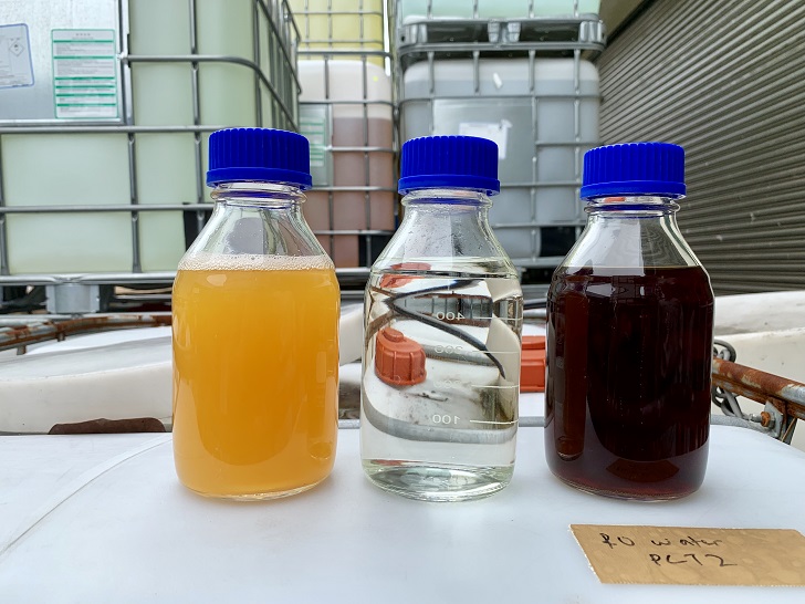 Photo shot of the feed liquid waste, treated water and concentrated liquid waste from the initial case study. Photo: Memsift Innovations Pte Ltd, Singapore.